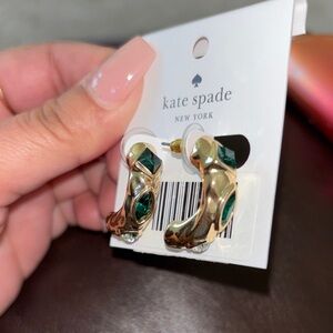Kate Spade Gold Textured Earrings with green stones NWT